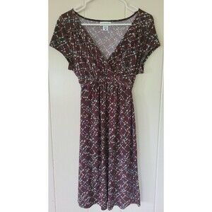 Motherhood Maternity Dress L Polka Dot Cap Sleeve Gather Shoulder V-Cross Brown